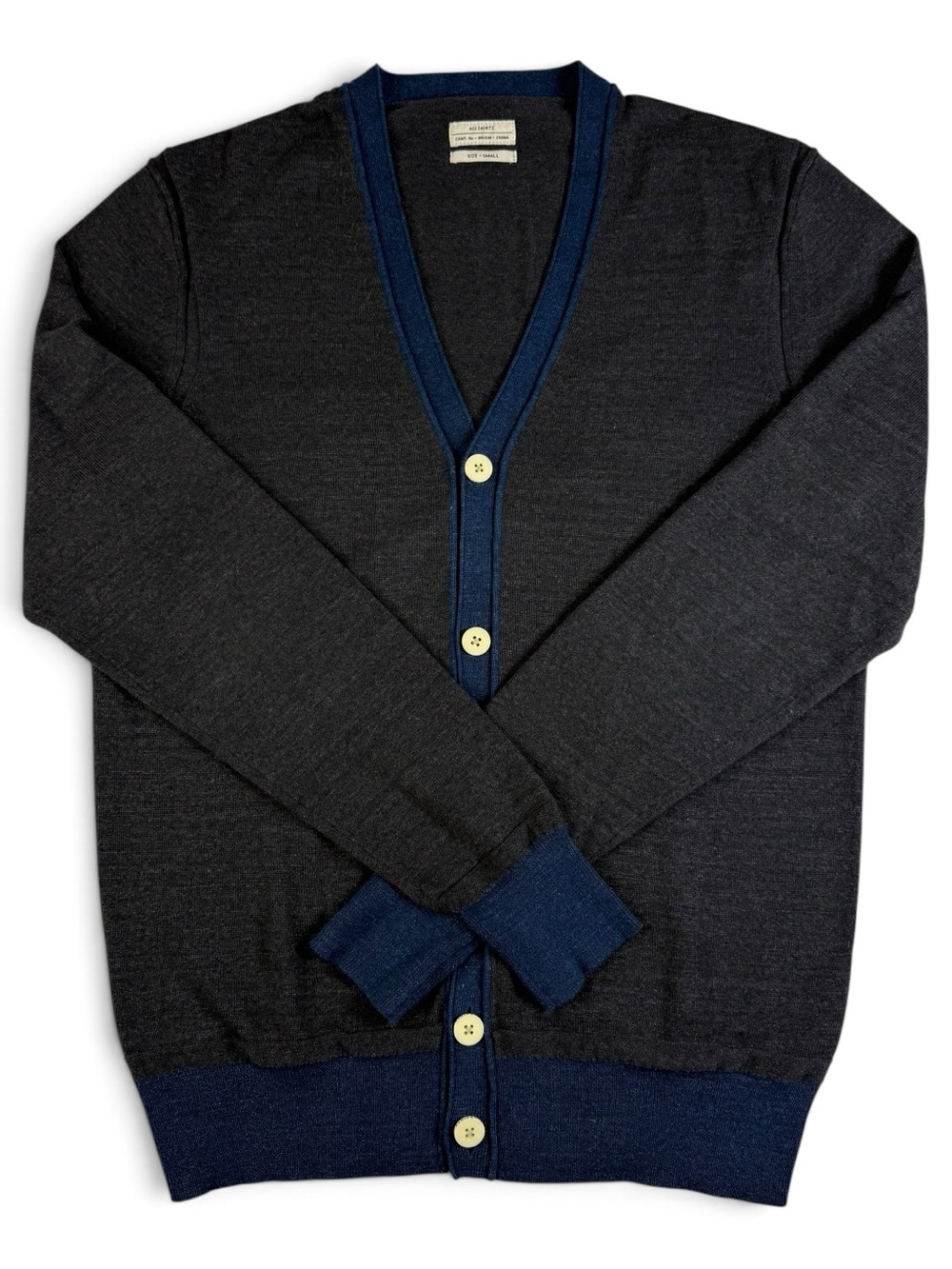 AllSaints Axe Cardigan Charcoal Navy 100% Cotton Men’s Small